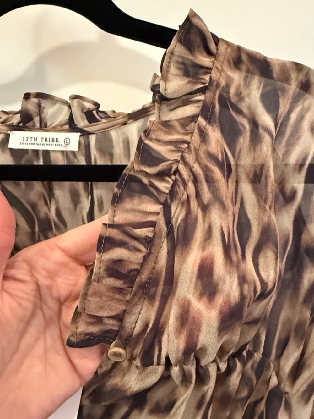 12th Tribe Leopard Print Ruffled V-Neck Blouse in Brown and Tan - Picture 7 of 16